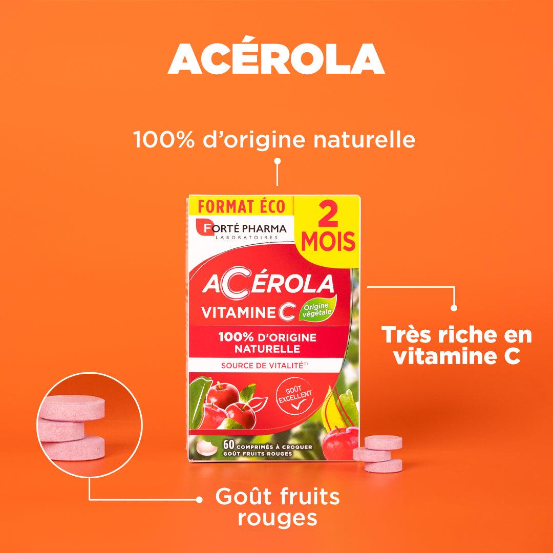 Acérola : 100 % d’origine naturelle, Très riche en vitamine C, Goût fruits rouges