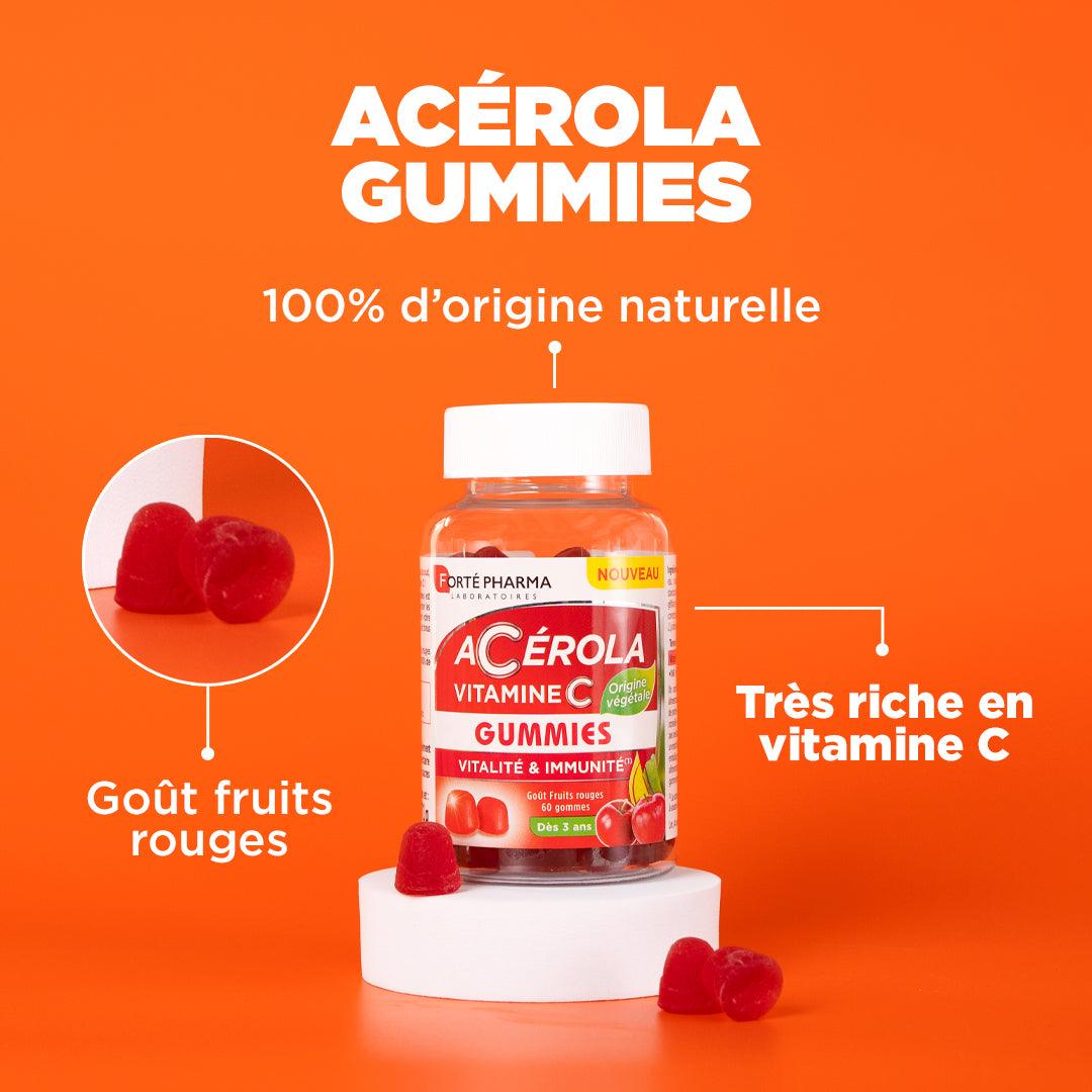 Acérola Gummies : 100 % d’origine naturelle, Goût fruits rouges, Très riche en vitamine C