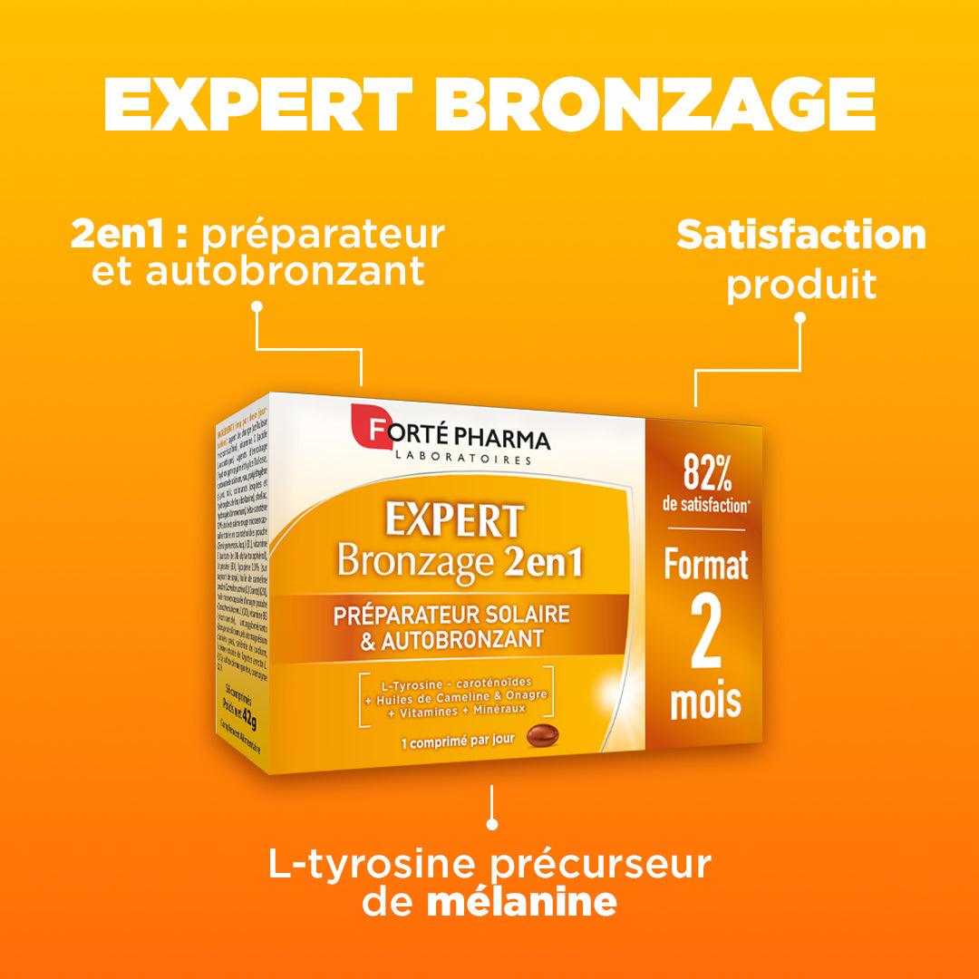 Expert Bronzage : 2 en 1 : Préparateur et autobronzant, Satisfaction produit, L-tyrosine précurseur de mélanine