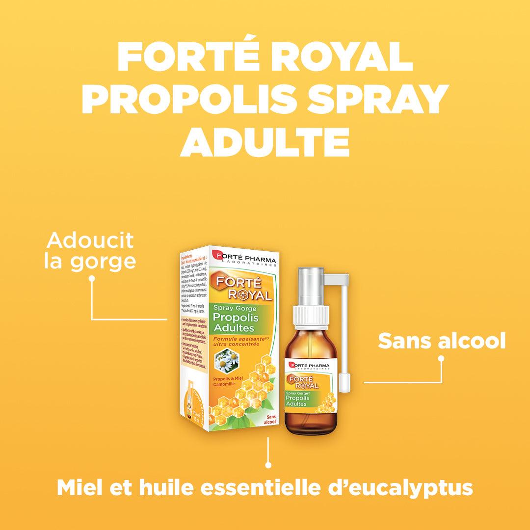 Forté Royal Propolis Spray Adulte : Adoucit la gorge, Sans alcool, Miel et huile essentielle d’eucalyptus