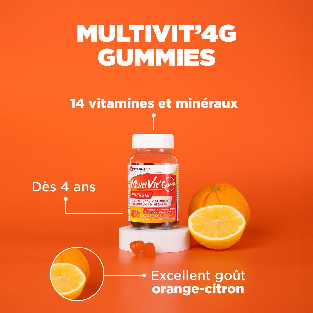 Multivit 4G Gummies : 14 vitamines et minéraux, Dès 4 ans, Excellent goût orange-citron
