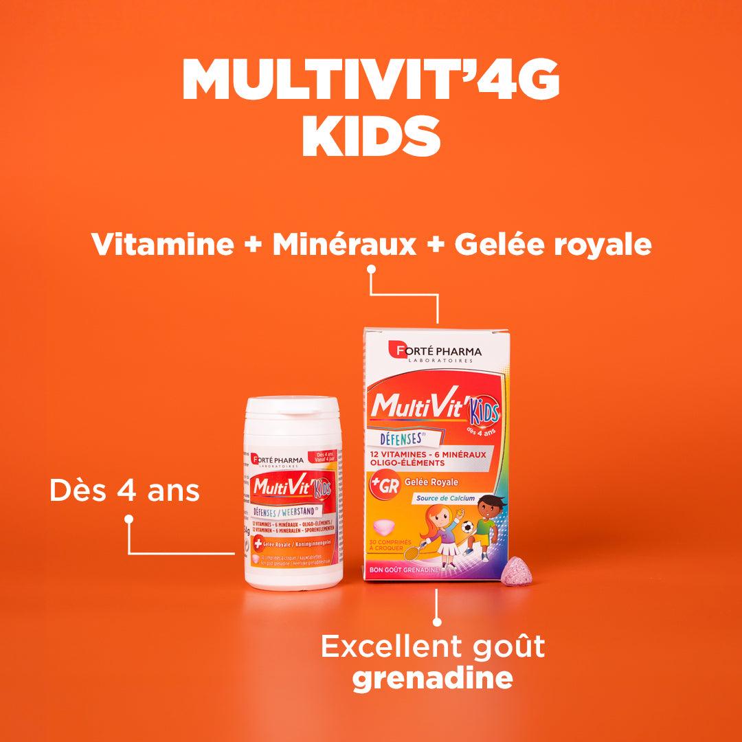 Multivit 4G Kids : Vitamines + minéraux + gelée royale, Dès 4 ans, Excellent goût grenadine