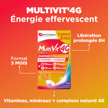 Multivit 4G Énergie Effervescent : Vitamines, minéraux, plantes, + complexe exclusif 4G, Action immédiate