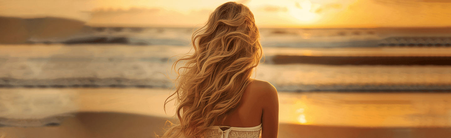 Femme au soleil, cheveux protégés, soins capillaires été.
